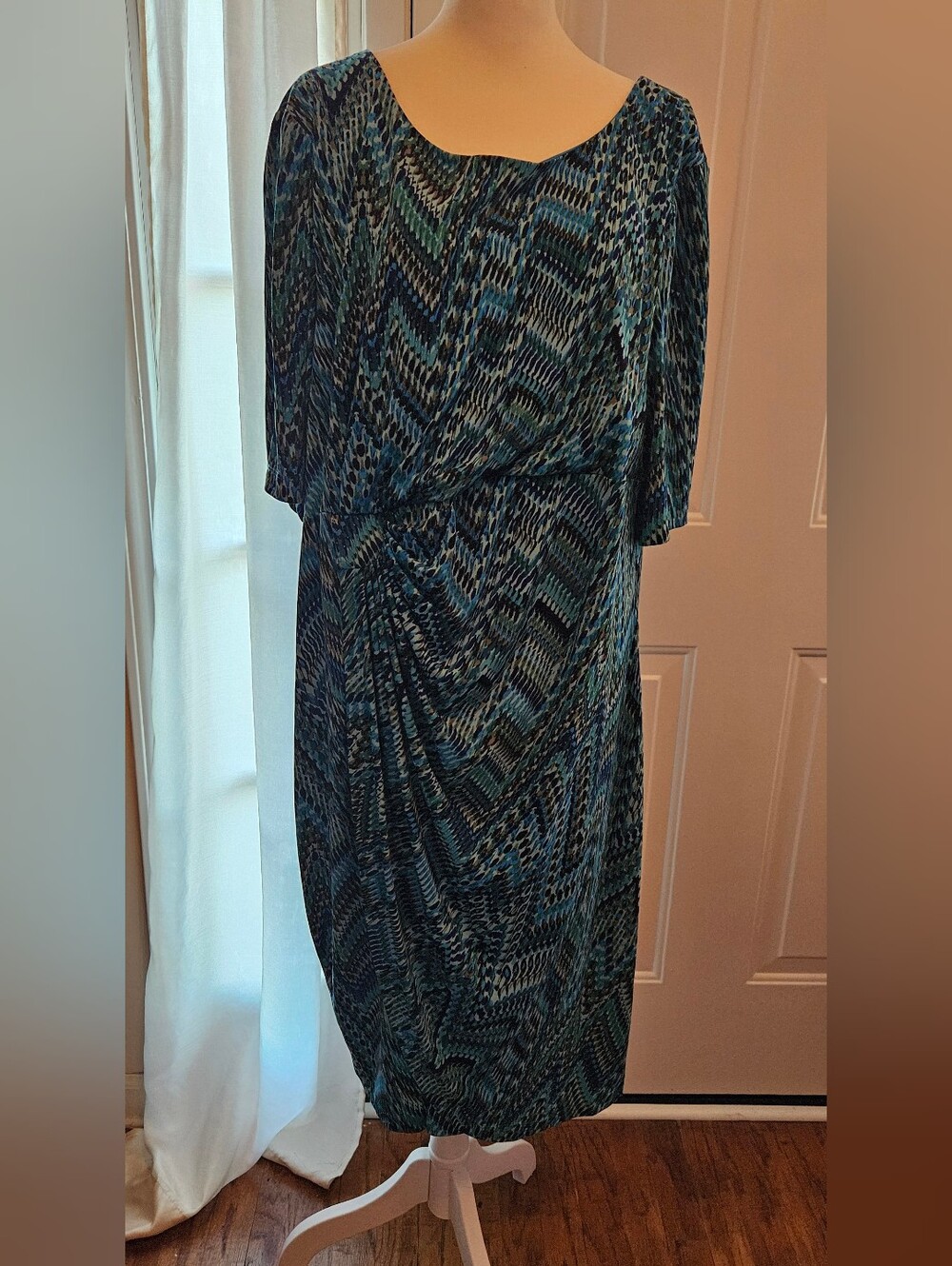Dress Barn Blue, Green Patterned Draped Midi Dress - Size 20